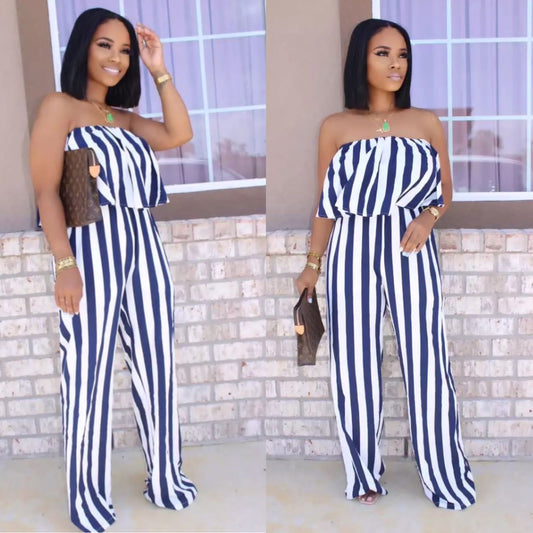 Plus Size Striped Sleeveless Strapless Loose Romper