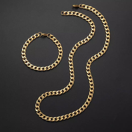Stainless Steel Gold Cuban Link Chain & Bracelet Set