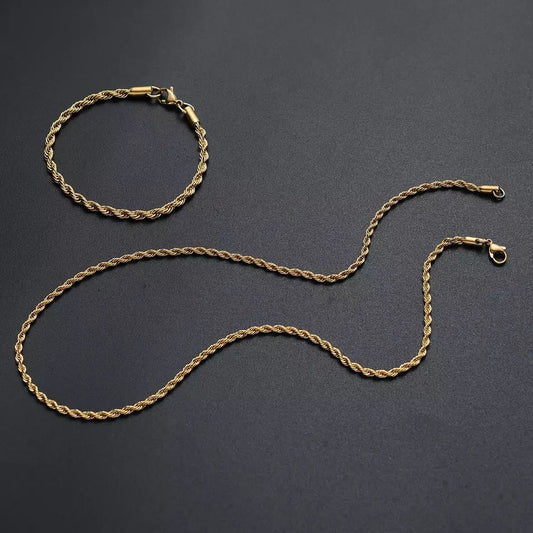 Stainless Steel Gold Twist Chain & Bracelet Set
