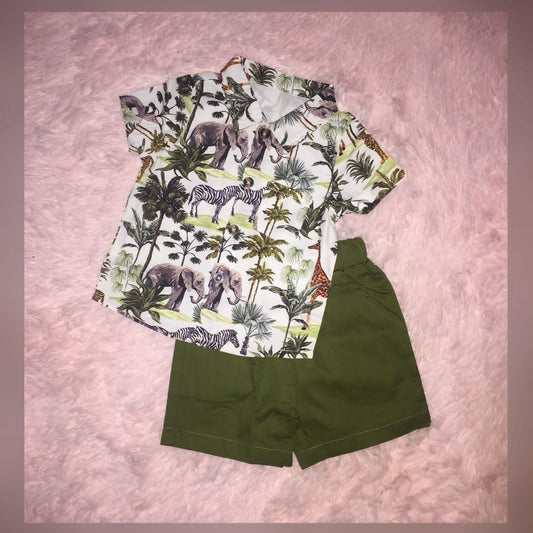 Animal & Tropical Print Pocket Shirt & Solid Shorts Set