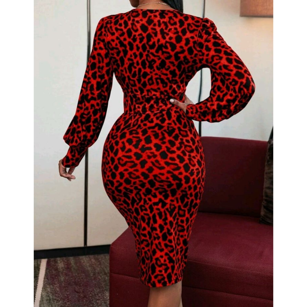 Leopard Print Deep V-Neck Lantern Sleeve Bodycon Dress